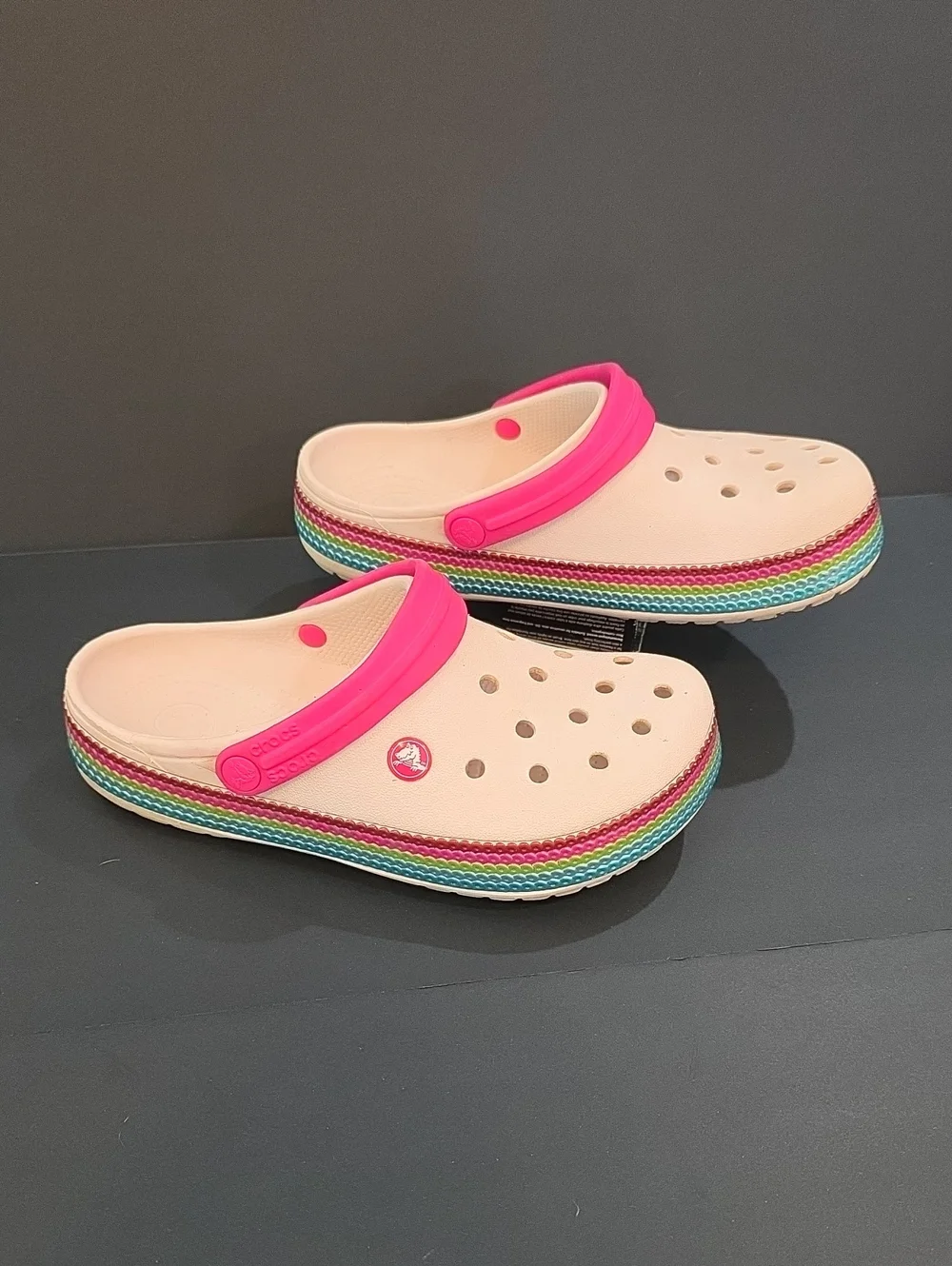 CROCS Women's Clogs in Light Pink with Hot Pink Strap and Rainbow Trim Size 8